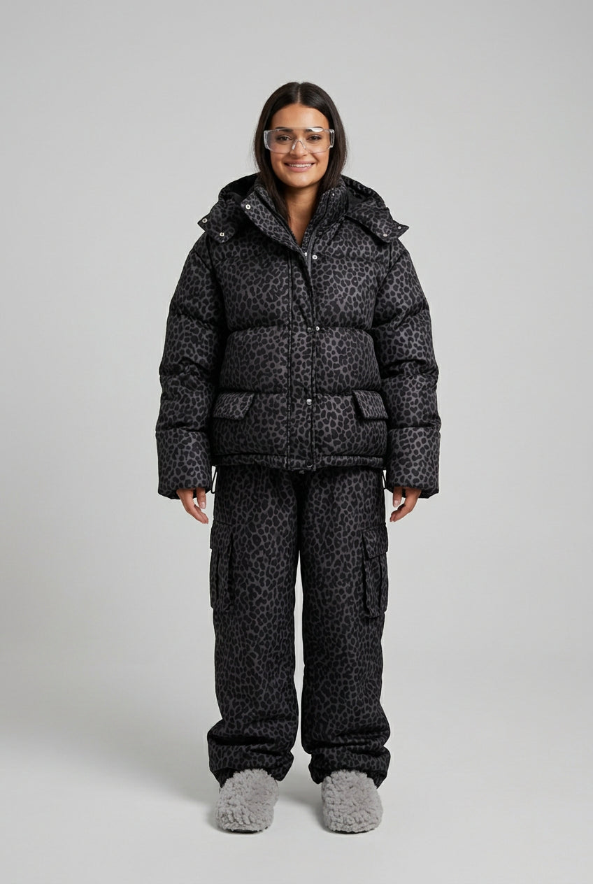 Leopard print puffer jacket and wide-leg pants coordinated set