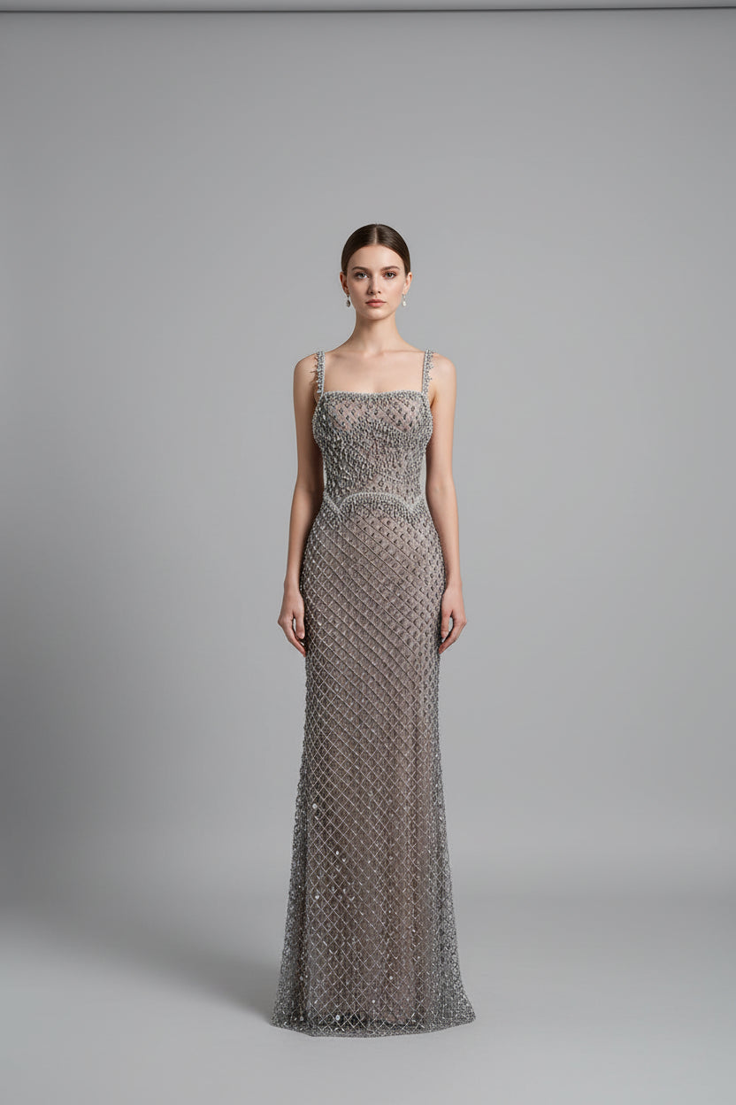 Lux silver beaded mermaid evening dress.