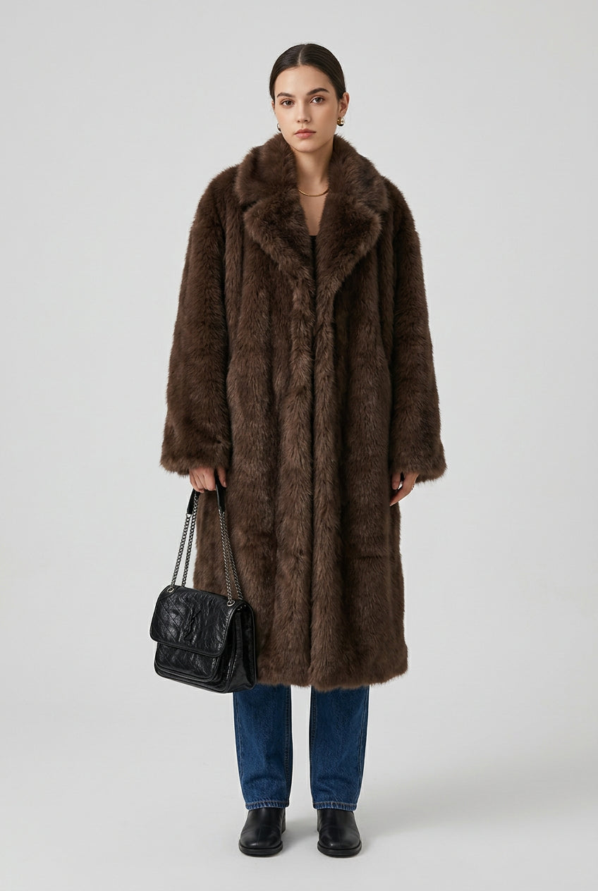 Long faux fur coat with covered-button front closure