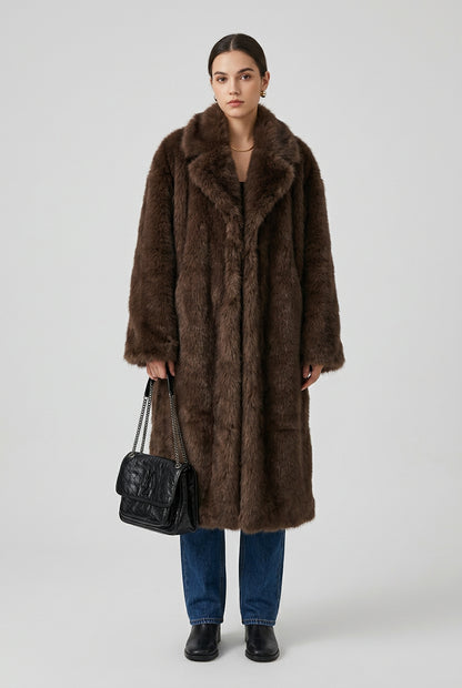 Long faux fur coat with covered-button front closure