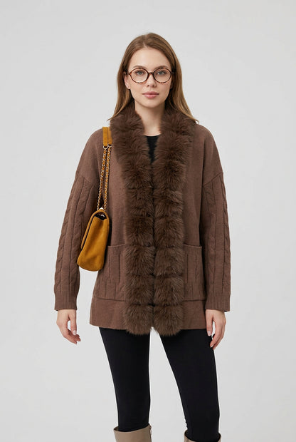 Long-sleeve knit cardigan with a soft faux-fur collar detail