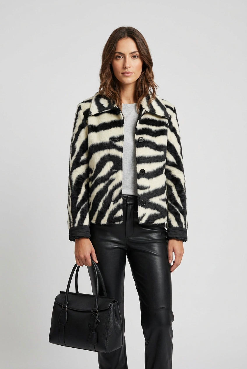 Black-and-white zebra faux fur jacket with a cropped silhouette