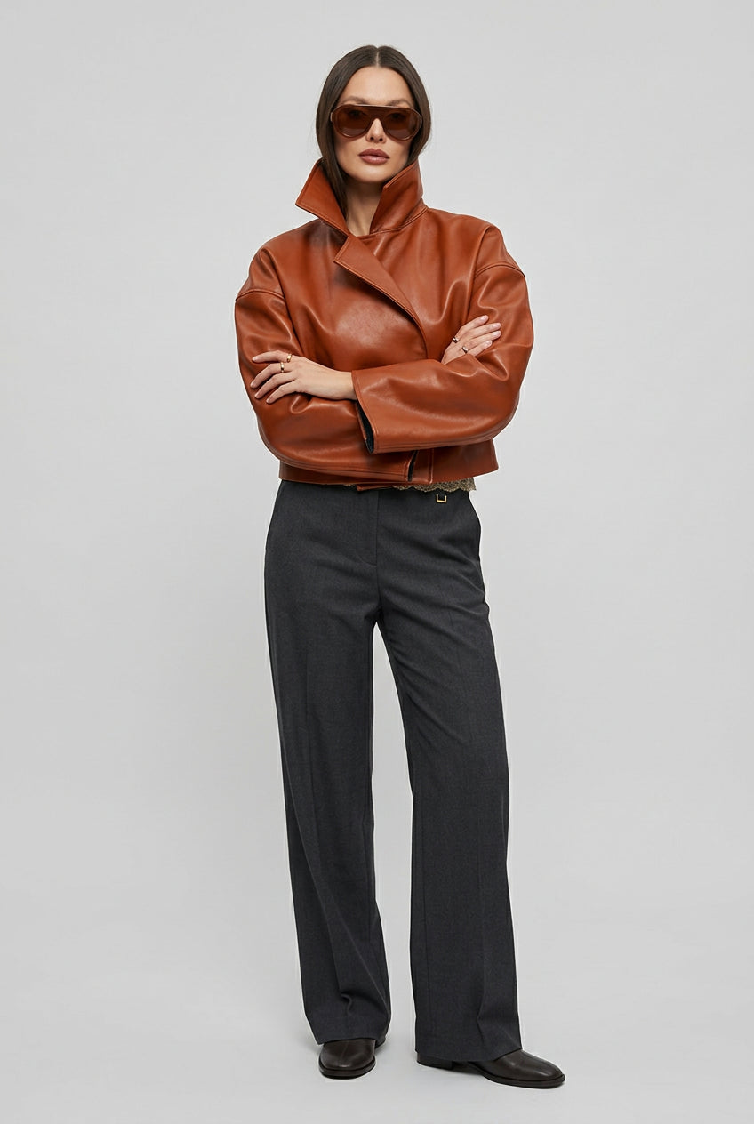 Relaxed faux-leather zip-up jacket product photo 4