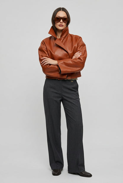 Relaxed faux-leather zip-up jacket product photo 4