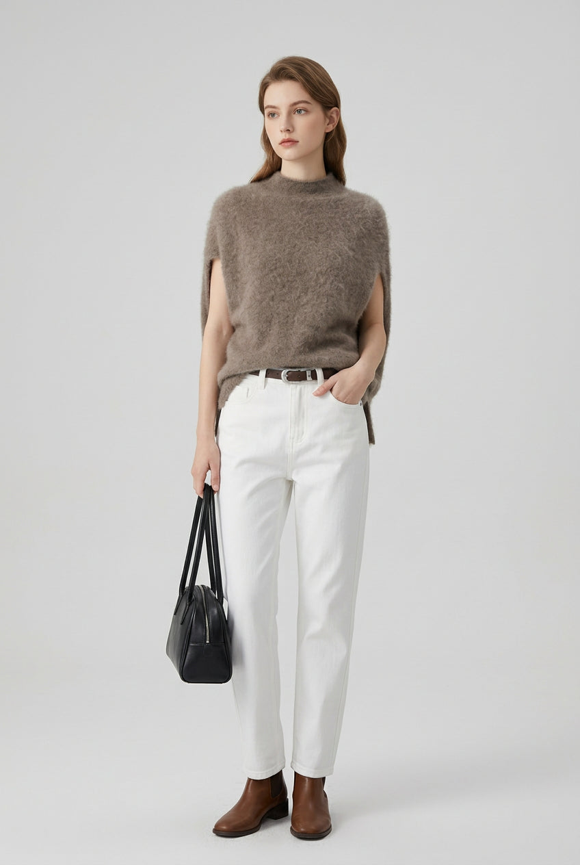Women's relaxed-fit knit vest with a high turtleneck neckline