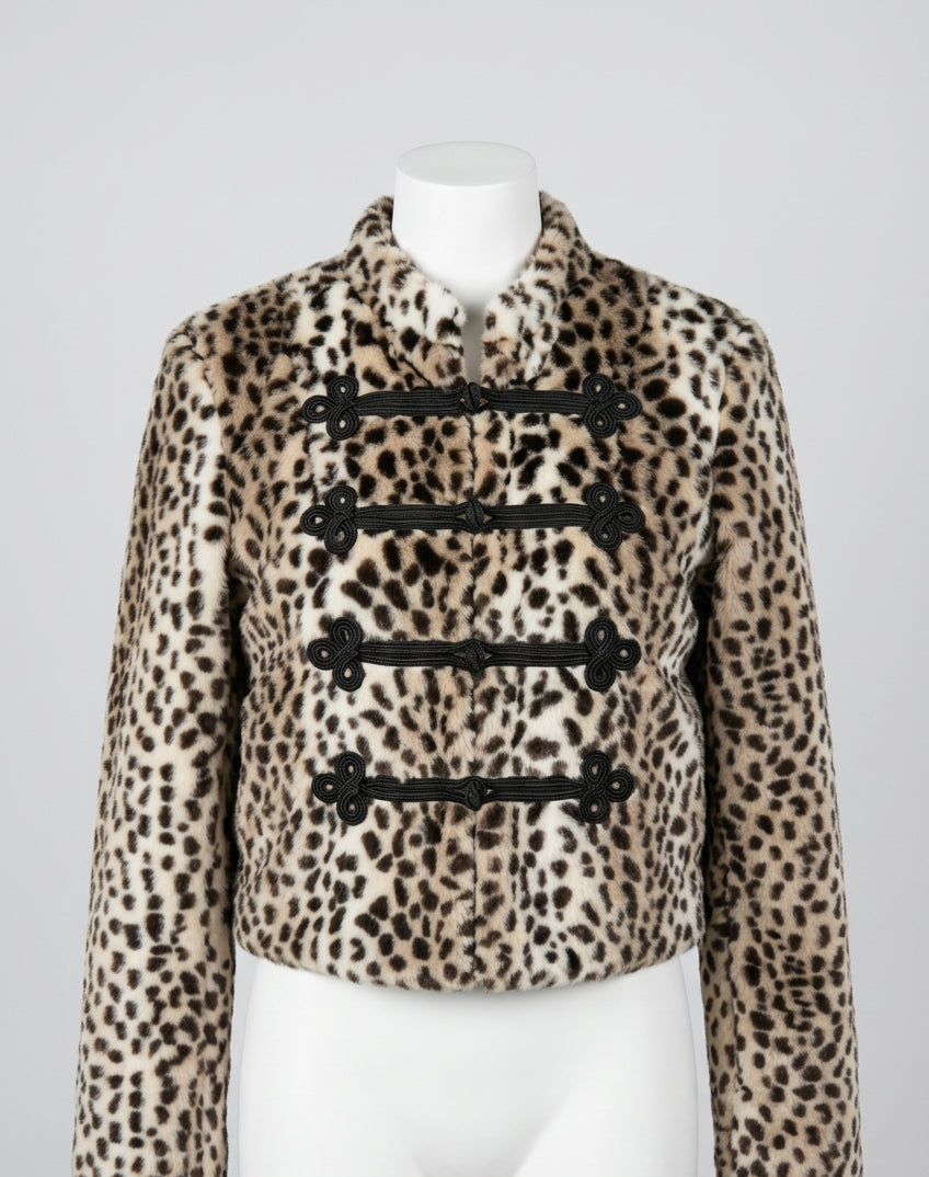 Front detail of the Mandarin Leopard Faux Fur Jacket