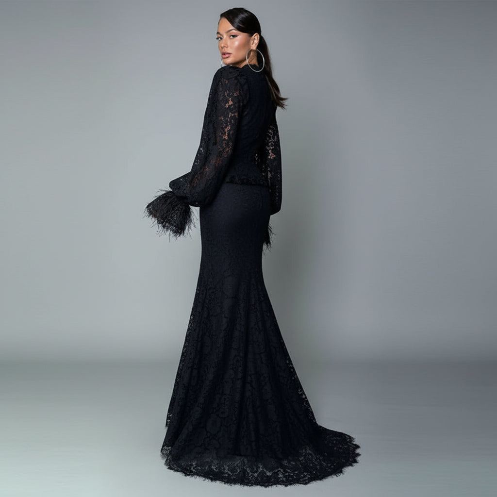 lace two piece set women, lace top skirt set, women's lace matching set, lace skirt set, fishtail skirt set, mermaid skirt two piece set, lace maxi skirt set, V neck lace top, flare sleeve top women, lace outfit women, elegant two piece outfit, women's evening set, women's party outfit, date night outfit women, elegant evening outfit, feminine two piece set, fitted lace top, fishtail maxi skirt, mermaid maxi skirt, special occasion outfit, women's formal two piece set, dinner outfit women, girls night out o