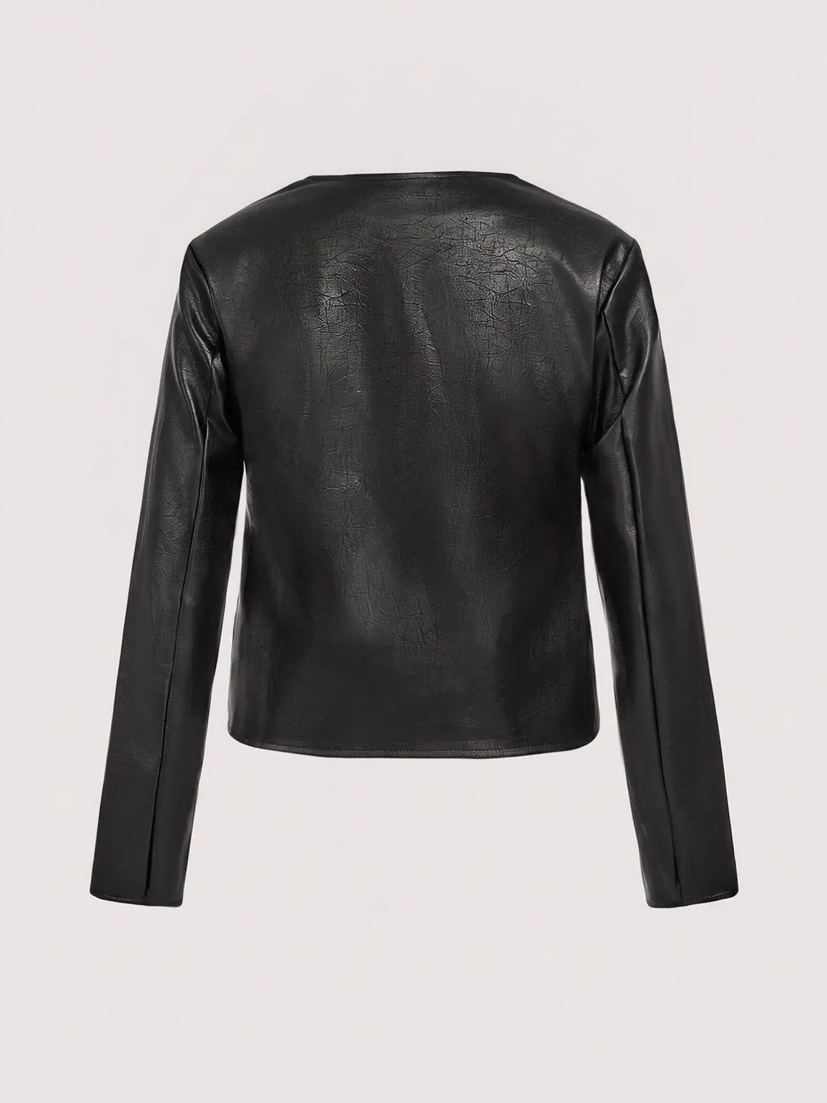 Black faux leather jacket sleeve and shoulder detail