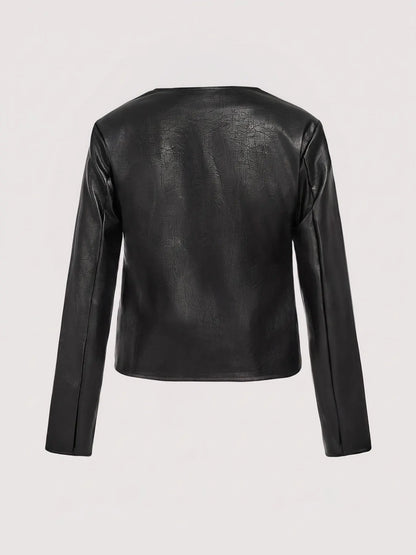 Black faux leather jacket sleeve and shoulder detail