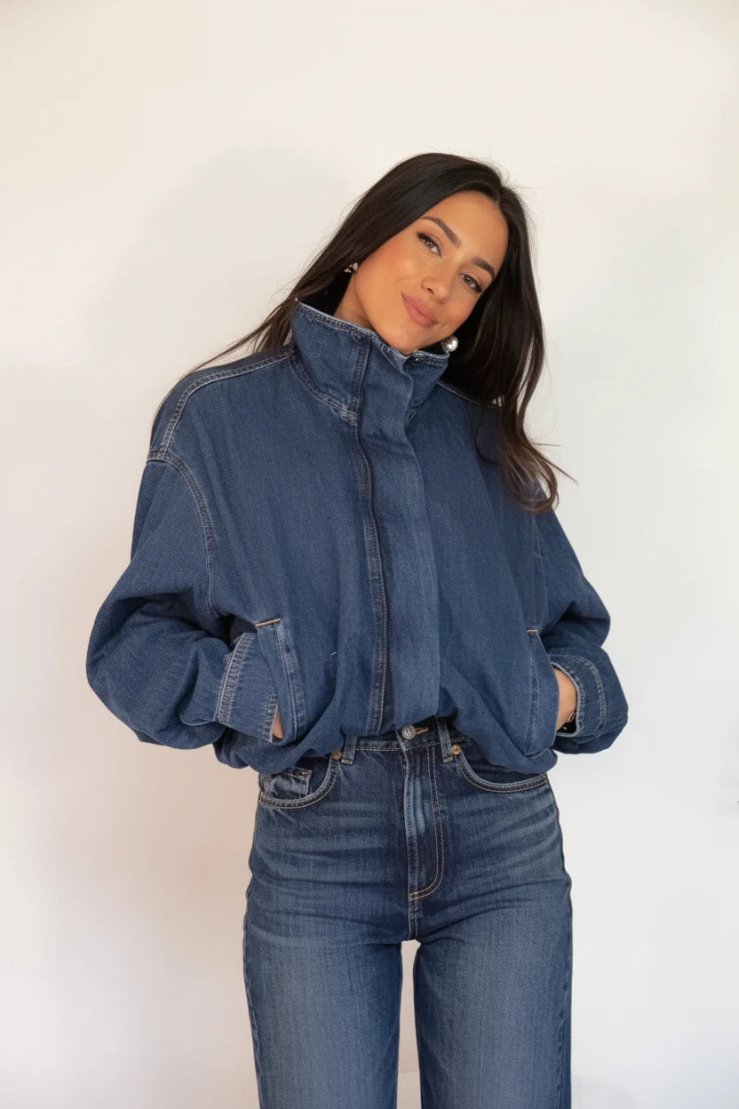cropped denim jacket women, blue cropped jacket women, women's cropped jacket, stand collar jacket women, relaxed cropped jacket, blue casual jacket women, women's street style jacket, cropped button jacket, women's lightweight jacket, casual women's outerwear, cropped blue jacket, women's spring jacket, women's everyday jacket, relaxed fit jacket