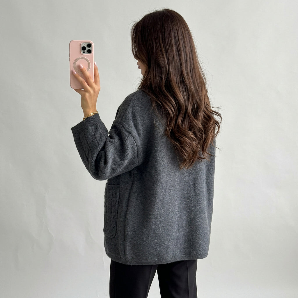 Charcoal cable-knit cardigan with faux-fur trim, product view
