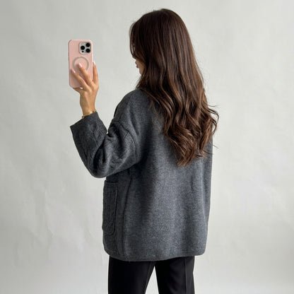 Charcoal cable-knit cardigan with faux-fur trim, product view