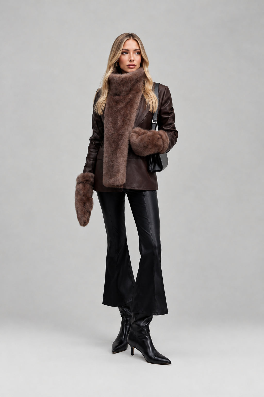 Women's faux fur vest in beige, front view

Women's plush faux fur vest with matching belt

Women's brown faux fur vest, sleeveless design

Women's faux fur vest with long front and short back

Close-up of plush faux fur vest texture

Women's faux fur vest styled with a long-sleeve top