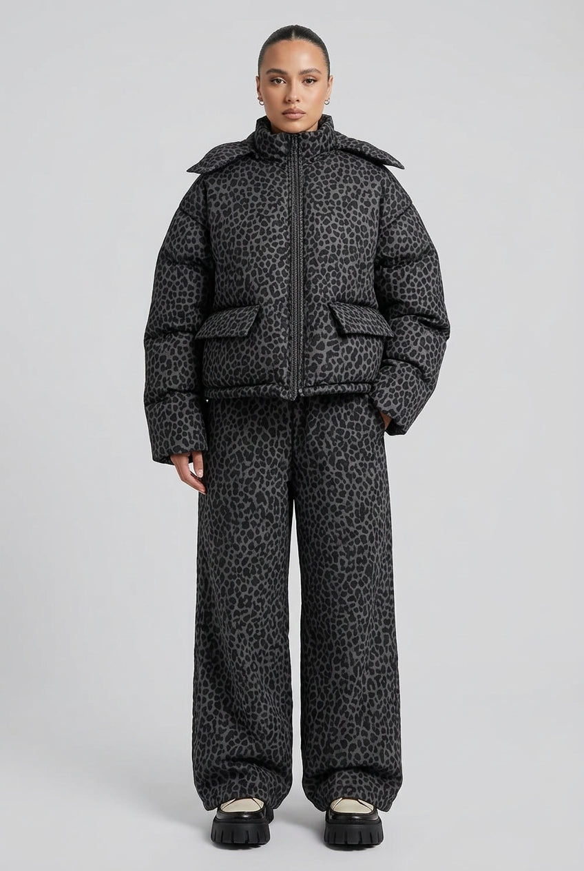 Women's puffer jacket and matching wide-leg pants set in a bold print