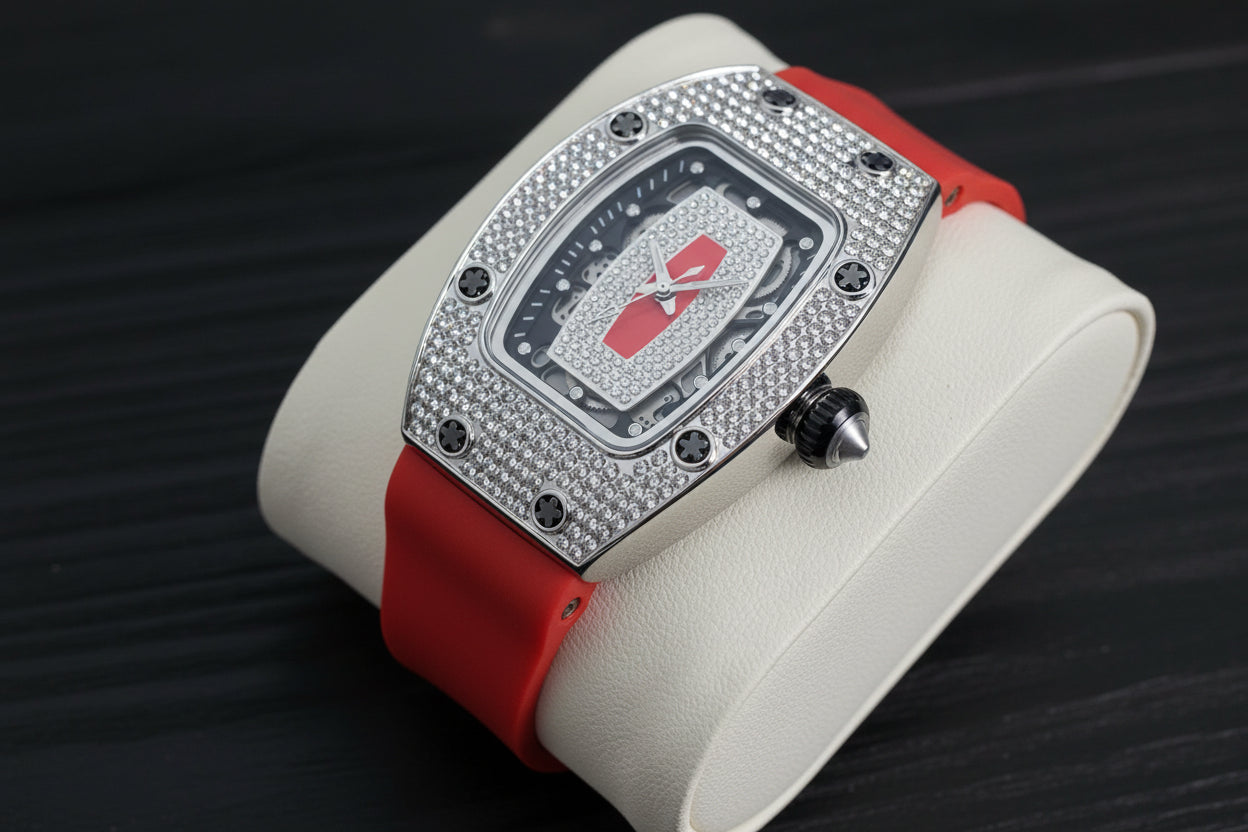 Luxury vortex iced out rubber strap wrist watch.