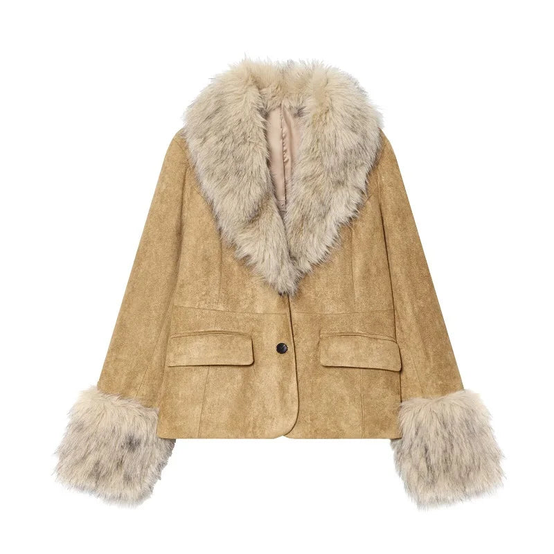 faux fur blazer women, faux fur trimmed blazer, khaki blazer women, women's winter blazer, faux suede blazer women, women's tailored blazer, khaki winter jacket, women's faux fur jacket, tailored winter blazer, women's casual blazer, elegant women's blazer, faux fur trim jacket, women's autumn outerwear, women's winter outerwear, khaki tailored jacket