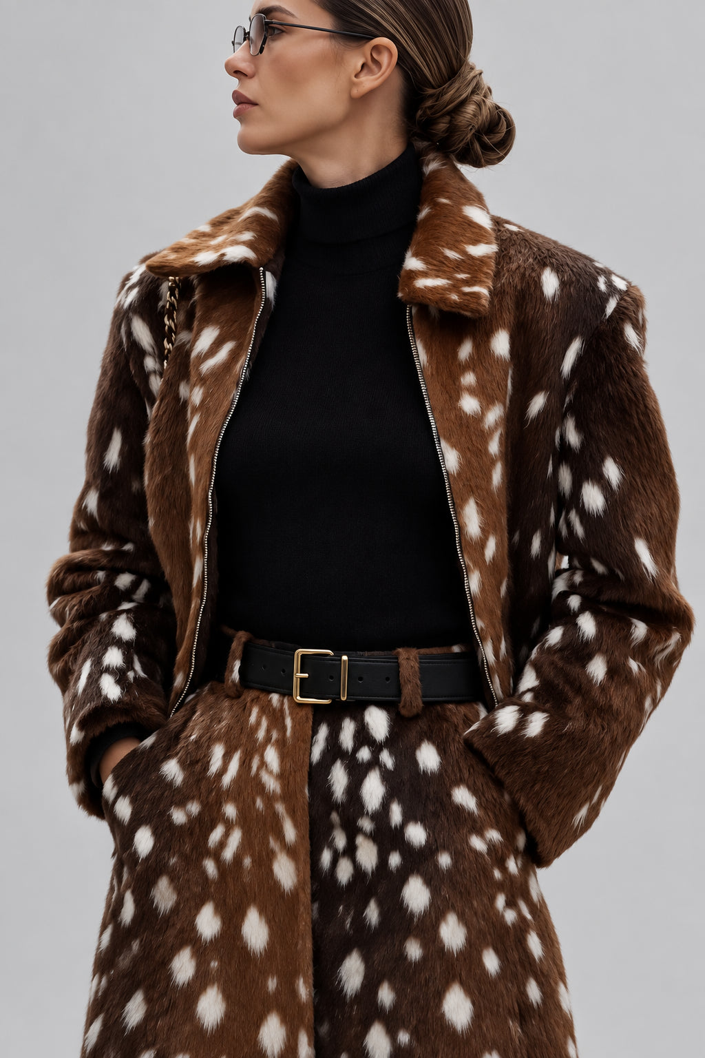 deer print jacket women, deer print coat women, deer print outfit women, deer print skirt set, faux fur deer print jacket, deer print faux fur coat, brown faux fur jacket women, spotted faux fur jacket, deer print suit women, matching jacket and skirt set, faux fur outfit women, statement fall jacket, women’s fall outerwear, women’s winter fashion