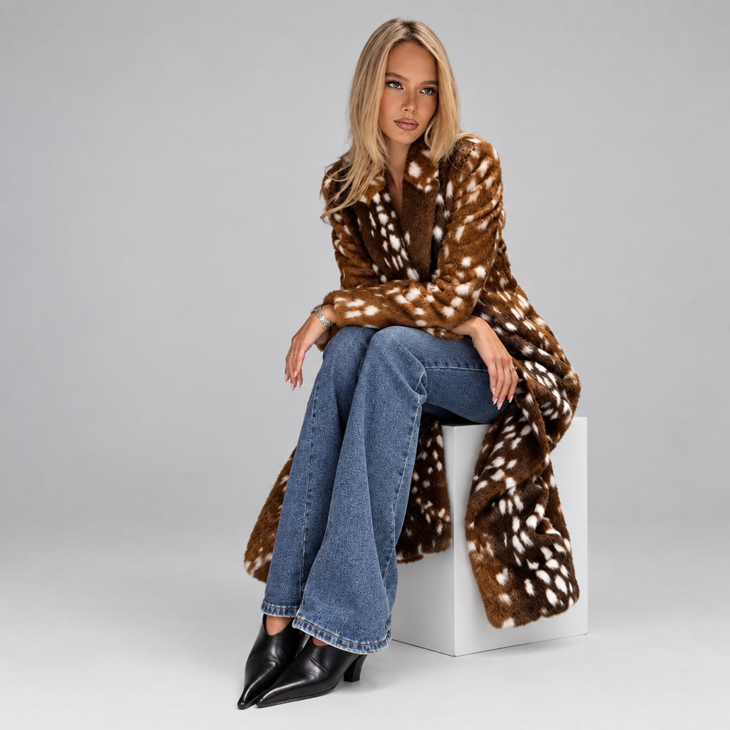 Brown deer print faux fur coat for women
Women's brown deer print faux fur coat front view
Long brown deer print faux fur coat with notched lapel
Women's oversized deer print faux fur coat
Brown faux fur coat with deer print and double-breasted front
Close-up of brown deer print faux fur coat texture
Women's long deer print faux fur coat styled for fall
Brown deer print faux fur coat back view
Side view of women's brown deer print faux fur coat
Model wearing brown deer print faux fur coat