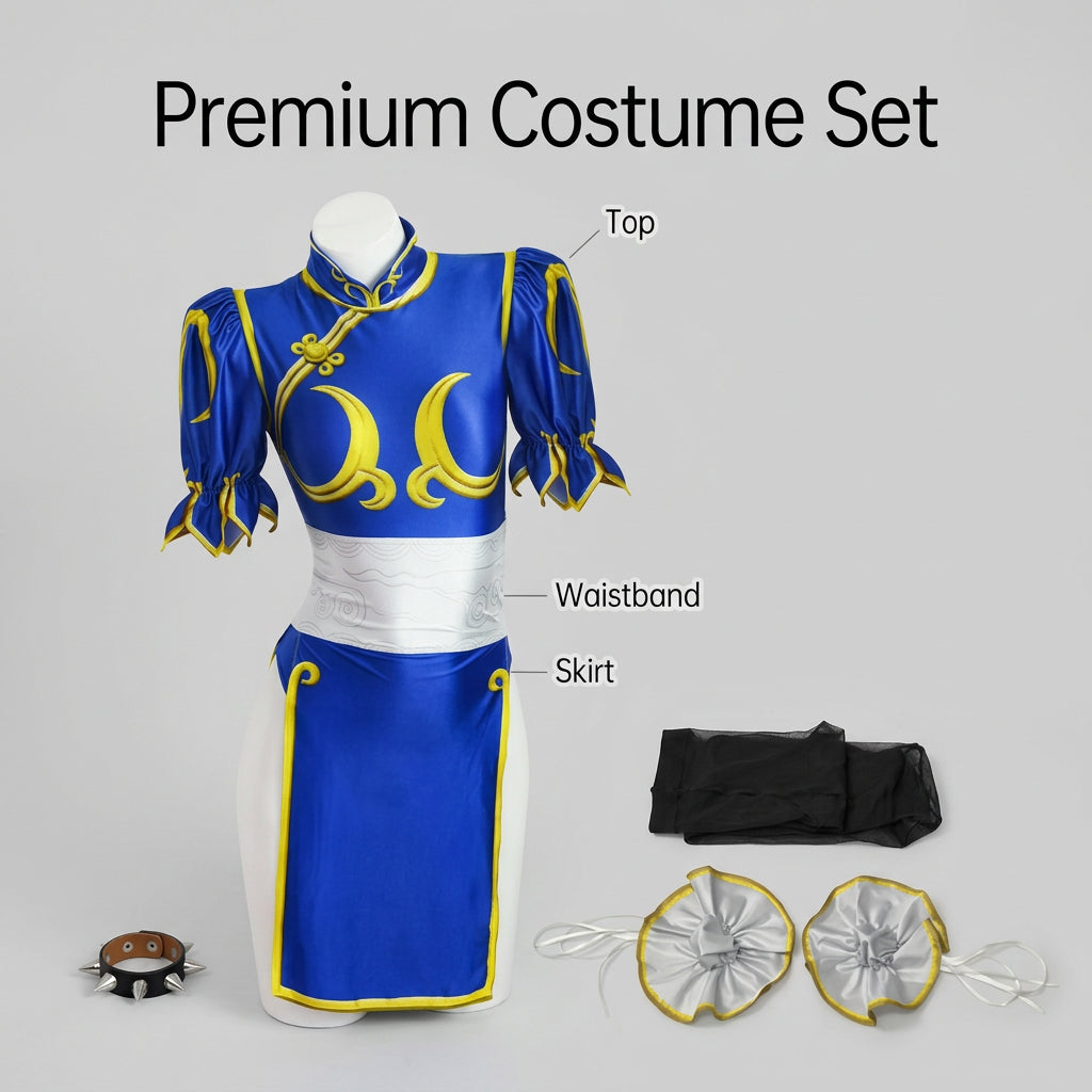 Blue Chun-Li Cosplay Costume Set with Skirt and Optional Bracelets