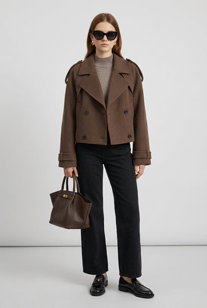 Gray double-breasted coat showing the lapel and button closure