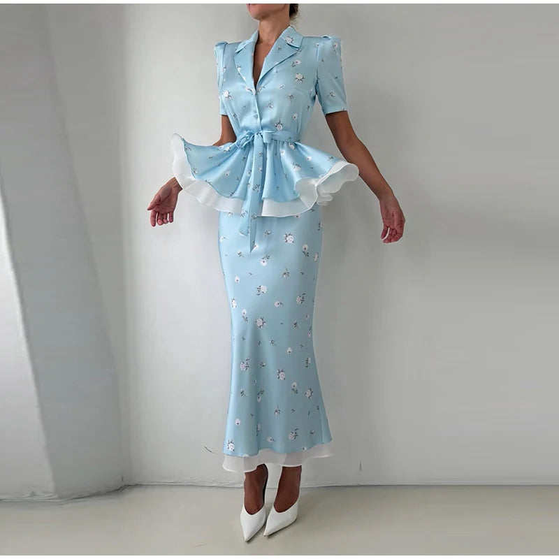 elegant two piece set women, floral bodycon skirt set, summer outfit women 2026, slim fit matching set women, classy women outfit set, structured two piece outfit, women floral skirt set, elegant summer co-ord set, ladies matching outfit set, chic two piece dress alternative, EU size women clothing, cm size chart women outfit