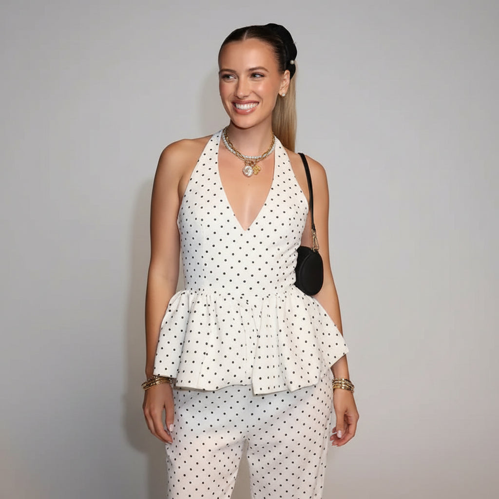 polka dot pants set, polka dot two piece set, women's polka dot set, halter pants set women, wide leg pants set, polka dot outfit women, matching pants set women, two piece outfit women, V neck halter top, lace up backless top, wide leg pants outfit, women's summer outfit, chic matching set, black and white pants set, vacation outfit women, brunch outfit women, date night outfit, women's boutique fashion