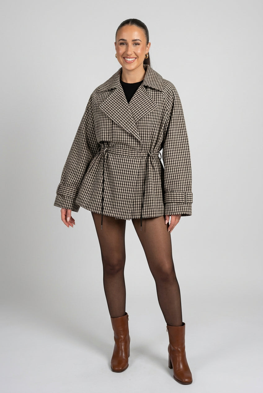 Gingham short trench coat product photo 7
