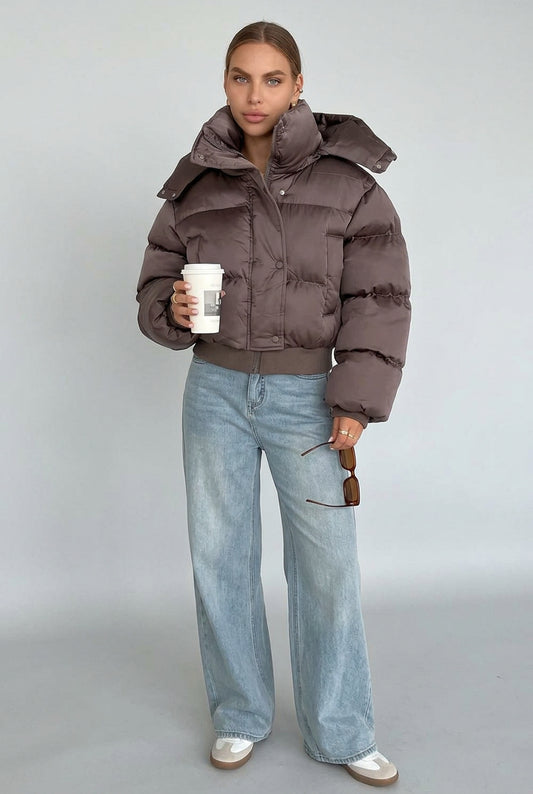 Harper hooded puffer jacket styled for cool-weather outfits
