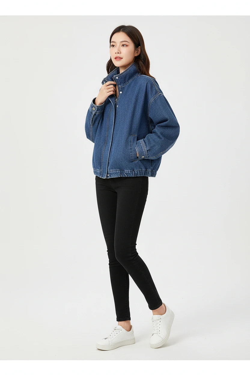 cropped denim jacket women, blue cropped jacket women, women's cropped jacket, stand collar jacket women, relaxed cropped jacket, blue casual jacket women, women's street style jacket, cropped button jacket, women's lightweight jacket, casual women's outerwear, cropped blue jacket, women's spring jacket, women's everyday jacket, relaxed fit jacket
