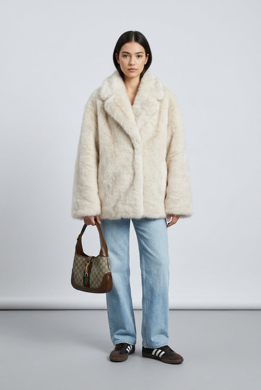Full-length view of the creamy-white ombre faux fur coat