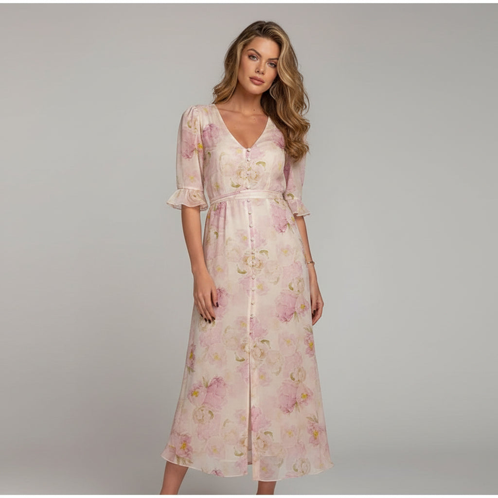 floral chiffon dress, ruffle midi dress, elegant floral dress, women's chiffon dress, V-neck floral dress, summer midi dress, vacation dress, wedding guest dress, romantic floral dress, European summer outfit, feminine midi dress, floral party dress, resort wear dress, date night dress, classy women's dress, lightweight chiffon dress, spring floral dress, elegant summer dress, garden party dress, boutique women's dress, stylish floral dress, side slit midi dress, flowy floral dress, luxury summer dress, chi
