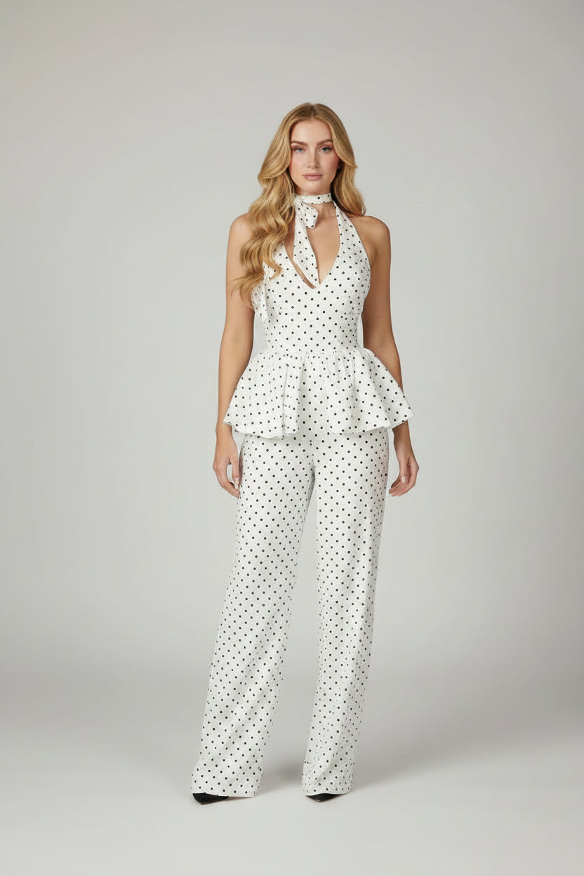 polka dot pants set, polka dot two piece set, women's polka dot set, halter pants set women, wide leg pants set, polka dot outfit women, matching pants set women, two piece outfit women, V neck halter top, lace up backless top, wide leg pants outfit, women's summer outfit, chic matching set, black and white pants set, vacation outfit women, brunch outfit women, date night outfit, women's boutique fashion