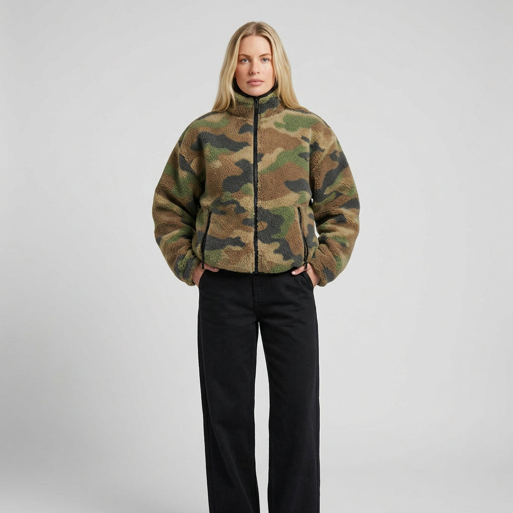Camo teddy fleece zip-up jacket with hood, front view