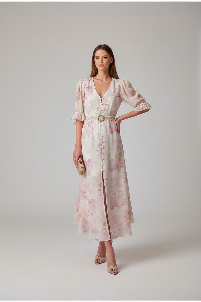 floral chiffon dress, ruffle midi dress, elegant floral dress, women's chiffon dress, V-neck floral dress, summer midi dress, vacation dress, wedding guest dress, romantic floral dress, European summer outfit, feminine midi dress, floral party dress, resort wear dress, date night dress, classy women's dress, lightweight chiffon dress, spring floral dress, elegant summer dress, garden party dress, boutique women's dress, stylish floral dress, side slit midi dress, flowy floral dress, luxury summer dress, chi