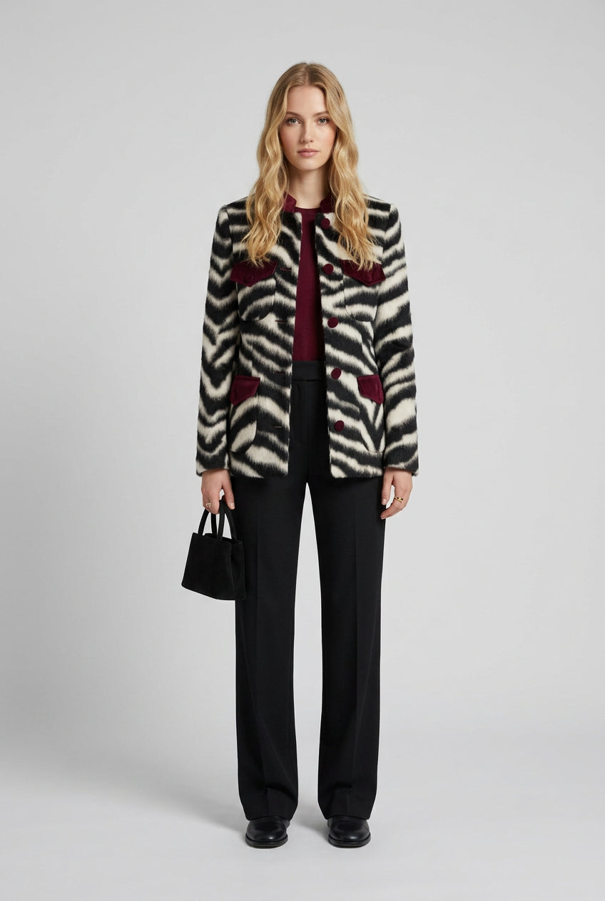 Zebra print coat showing the contrasting collar detail