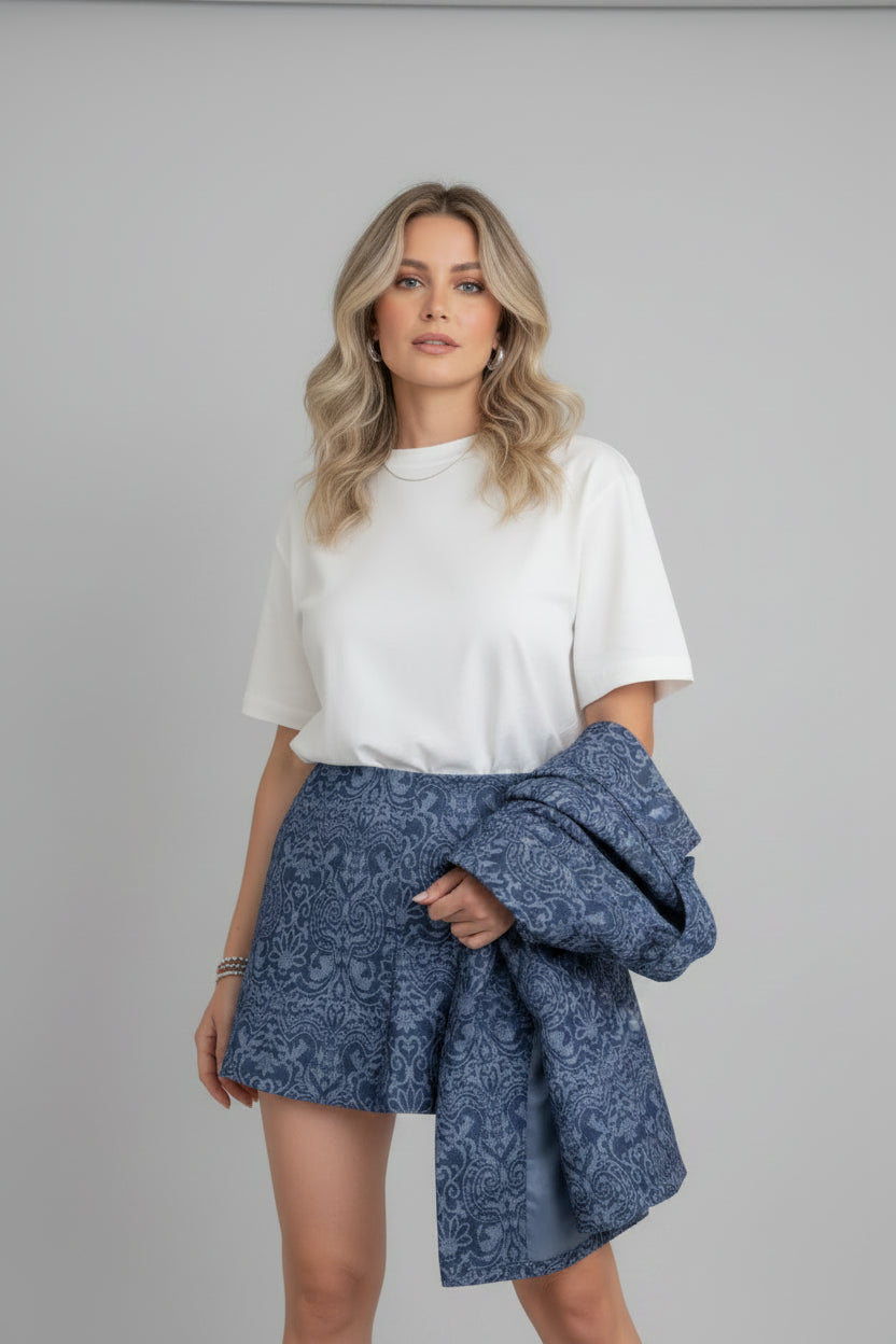 women's paisley two piece set, women's fall two piece outfit, paisley outfit women, fall outfit women 2026, women's matching set, long sleeve two piece set, jacket and shorts set women, vintage inspired outfit women, chic fall outfit women, autumn outfit women, women's casual two piece set, fall fashion 2026, women's boutique clothing, pumpkin picking outfit, fall photoshoot outfit, brunch outfit women, autumn matching set, navy blue two piece set, stylish fall outfits
