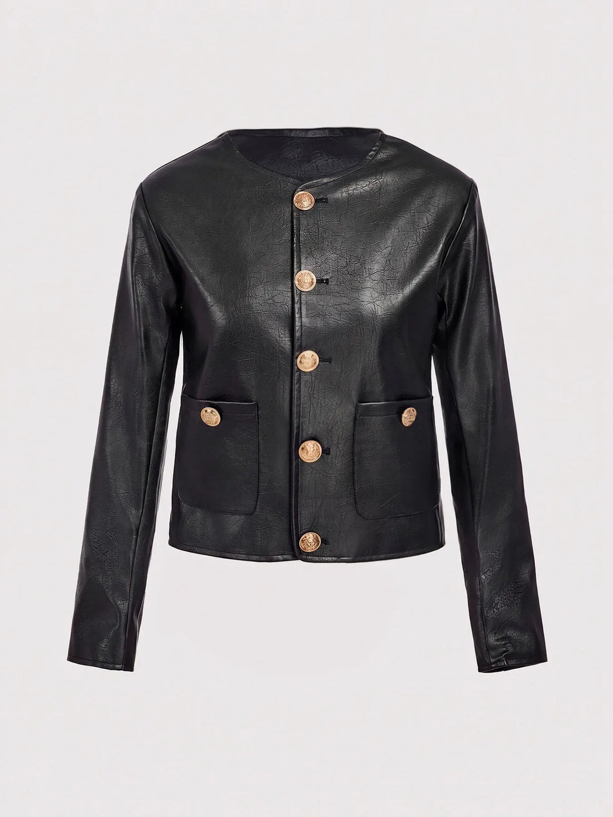 Black short faux leather coat styled for autumn