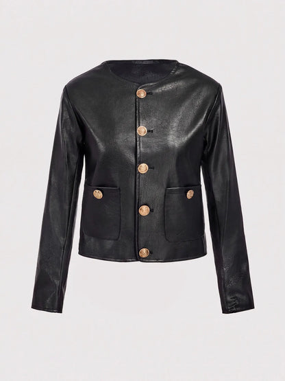 Black short faux leather coat styled for autumn