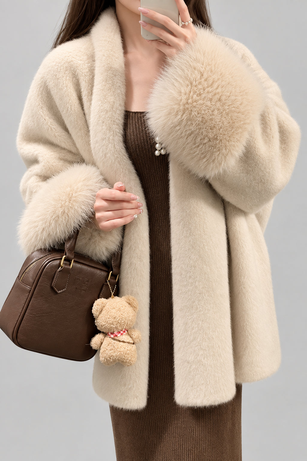 Beige winter outerwear with fur collar