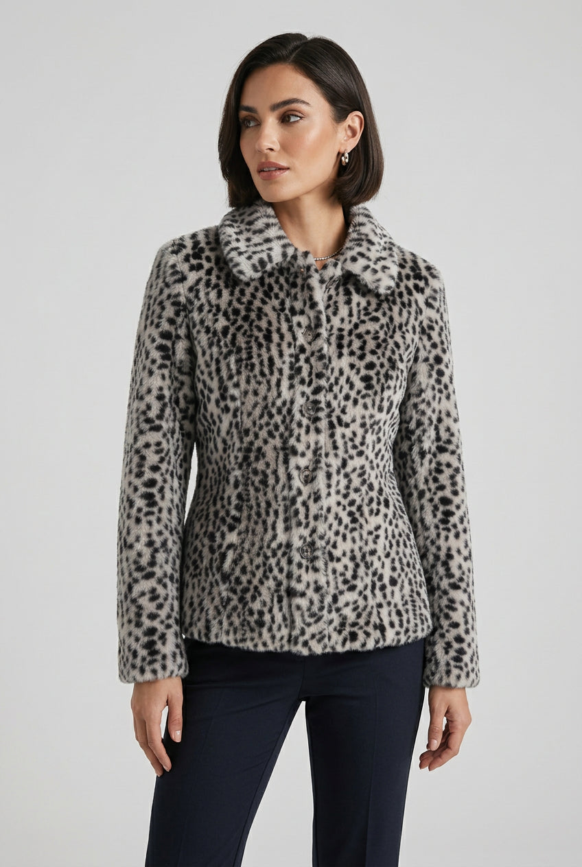 Detail of the brown and black leopard-print faux fur coat fabric