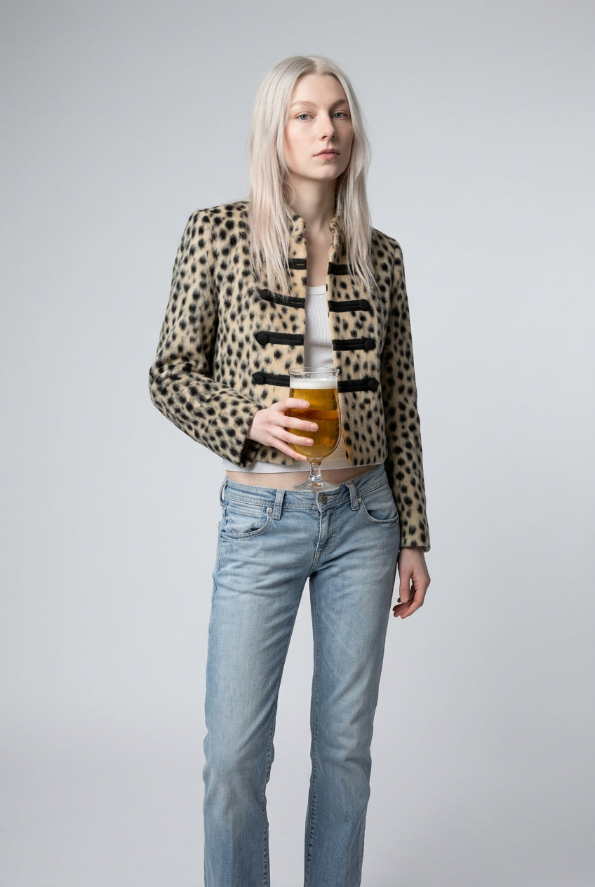 Leopard-print jacket with long sleeves and frog-style front closures