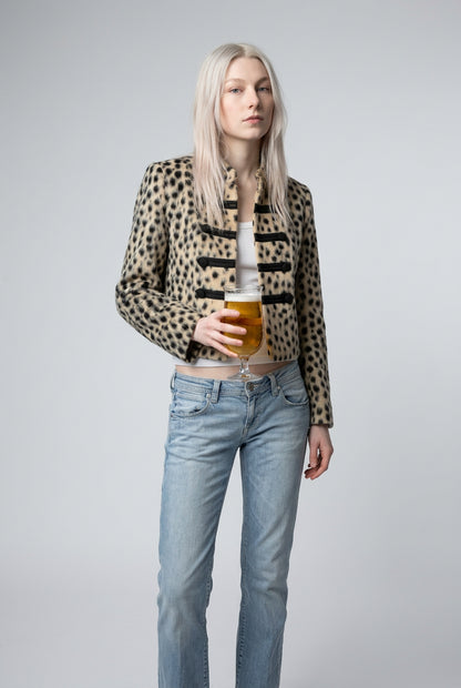 Leopard-print jacket with long sleeves and frog-style front closures