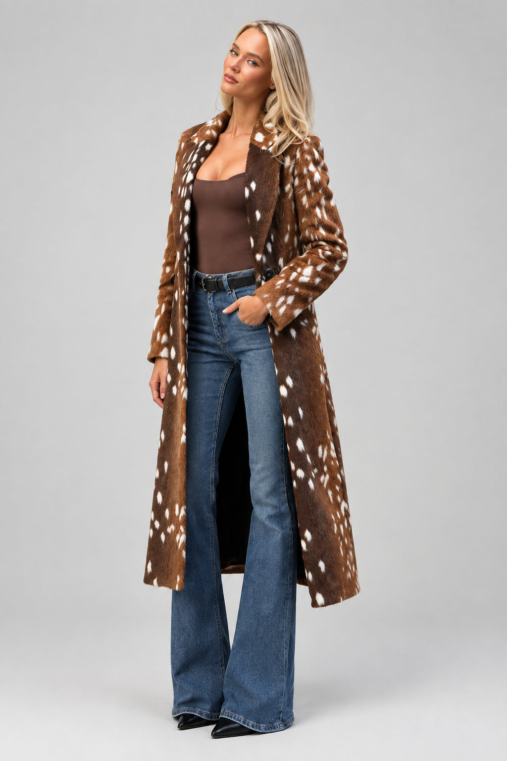Brown deer print faux fur coat for women
Women's brown deer print faux fur coat front view
Long brown deer print faux fur coat with notched lapel
Women's oversized deer print faux fur coat
Brown faux fur coat with deer print and double-breasted front
Close-up of brown deer print faux fur coat texture
Women's long deer print faux fur coat styled for fall
Brown deer print faux fur coat back view
Side view of women's brown deer print faux fur coat
Model wearing brown deer print faux fur coat