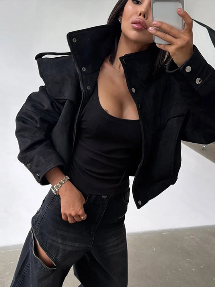 The City Edit women's short stand-collar jacket, available in black and khaki.