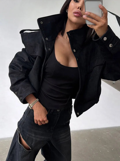 The City Edit women's short stand-collar jacket, available in black and khaki.