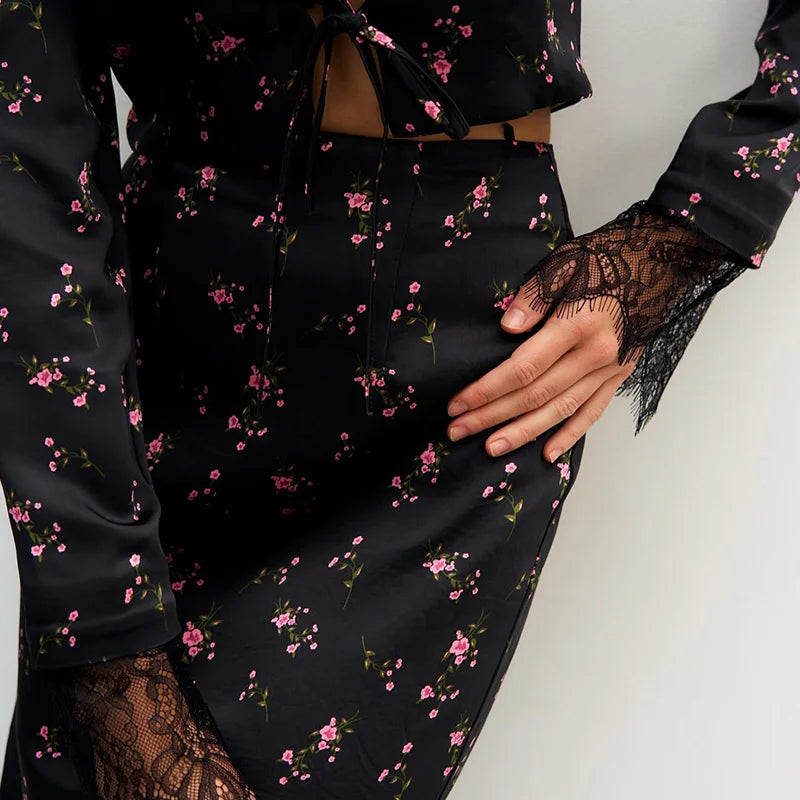 floral two piece set, women's floral skirt set, floral matching set women, women's two piece outfit, floral top and skirt set, long sleeve skirt set, V neck two piece set, women's evening outfit, elegant skirt set women, women's party outfit, date night outfit women, floral evening outfit, matching skirt and top, women's formal evening outfit, slim fit skirt set, floral party outfit, women's autumn outfit, stylish two piece set, black floral skirt set, women's occasion outfit
