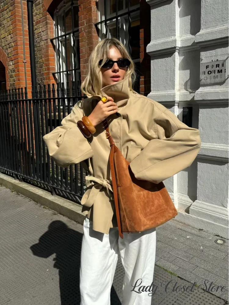 Women's Beige Cotton Blend Wide Lapel Short Jacket Self-Tie Waist-Cinching Loose Batwing Sleeve Coat 2026 Daily Outfit