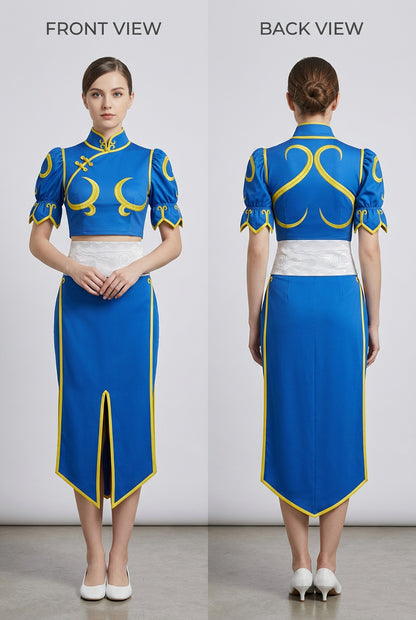 Blue Chun-Li Cosplay Costume Set with Skirt and Optional Bracelets