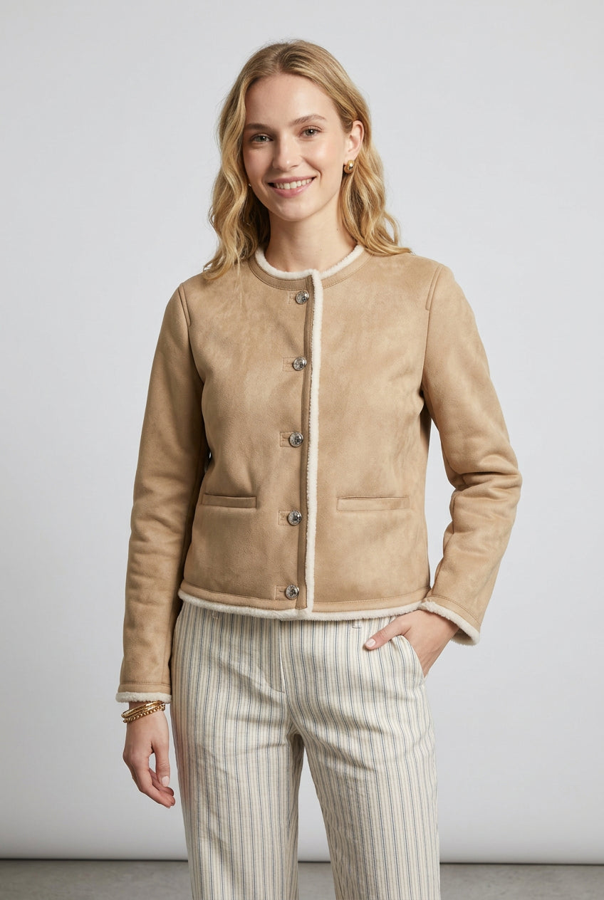 Khaki cropped jacket neckline and button-front detail