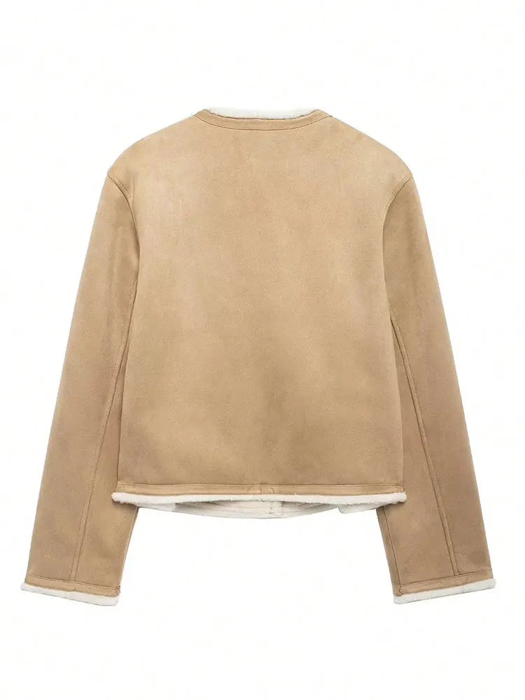 Women's khaki cropped jacket outfit view